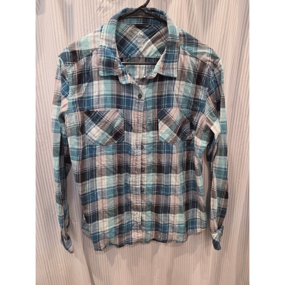 Merrell Womens Plaid Flannel Button Down Shirt Teal Blue Hiking Camp Sz L